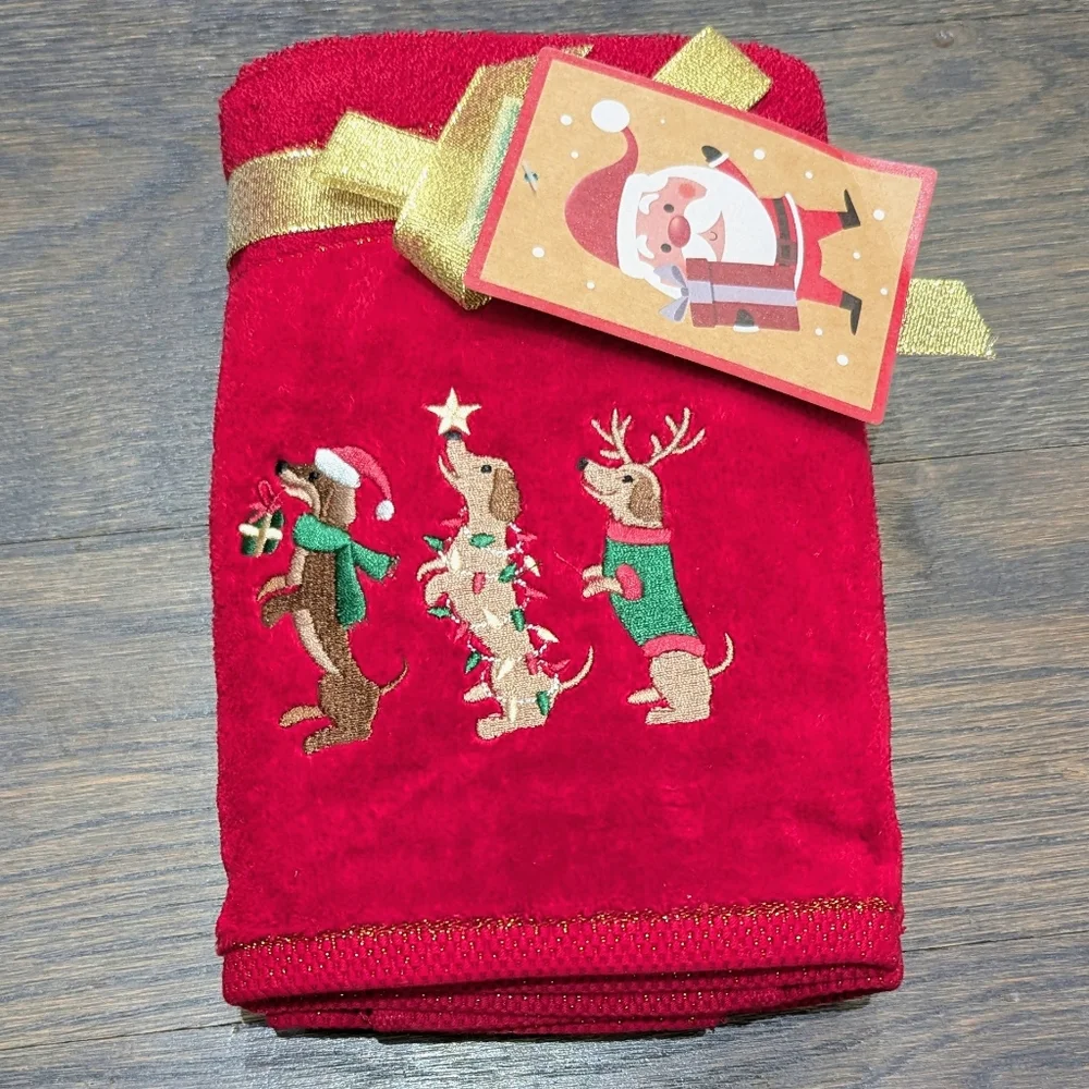 New 2 Dachshund Doxie Dogs Embroidered Christmas Hand Towel Set